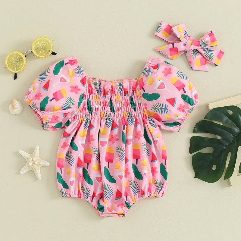 

Baby Girls Summer Casual Romper Short Puff Sleeve Fruit Print Romper with Headband