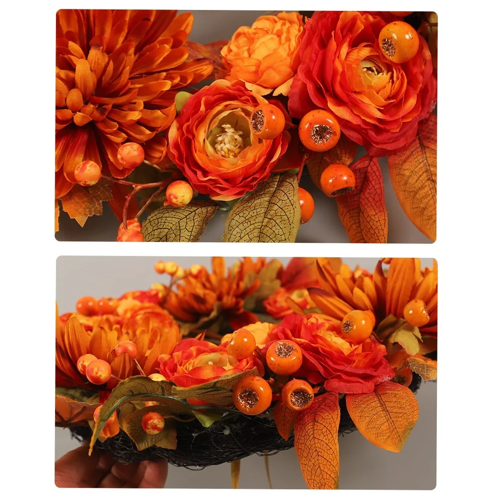 Autumn Wreath 19.8 Inch Artificial For Maple Leaves Chrysanthemums Berries Farmhouse Decor For Thanksgiving Door Wall Hanging Or
