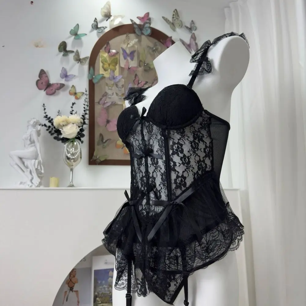 

Fashion Bowknot Lace Lingerie Women Flounce Mesh Lace Sling Nightdress Nightwear Transparent See Through Night Dress Gift