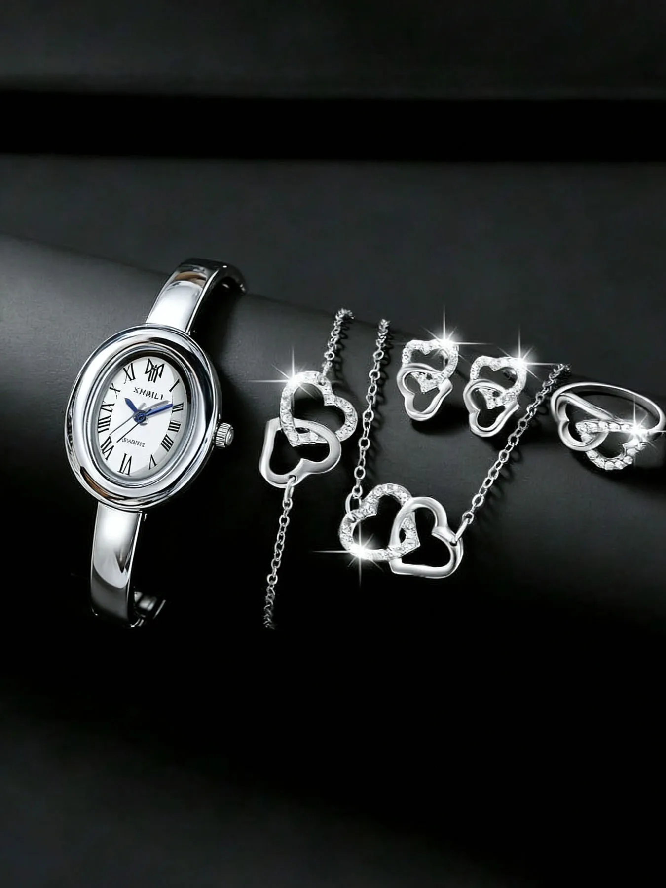 Elegant Ladies Silver Roman Dial Quartz Bangle Watch Double Heart Crystal Jewelry Set Wristwatch Female Valentine Birthday Gift