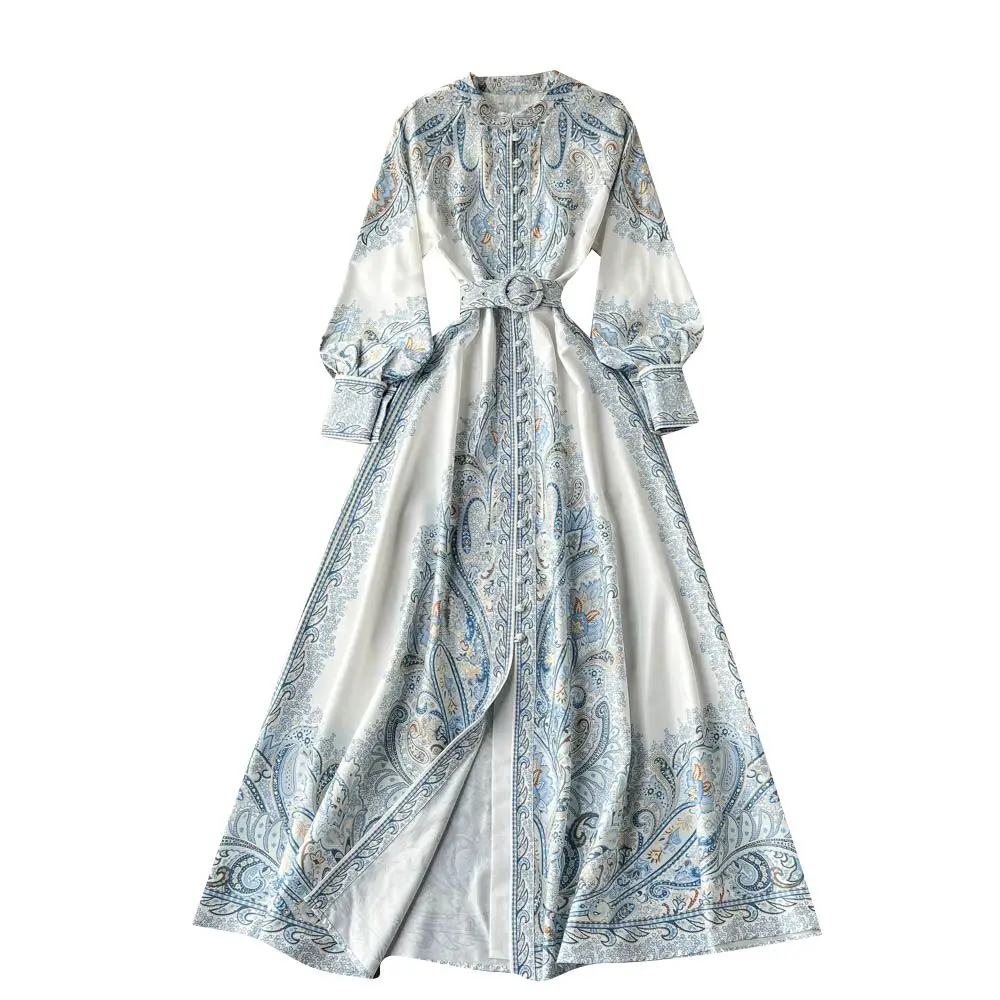 Retro Court Sle Floral Print Long Dr Women's Single Button Lantern Sve Empire Waist A-Line Knee-Length Dr