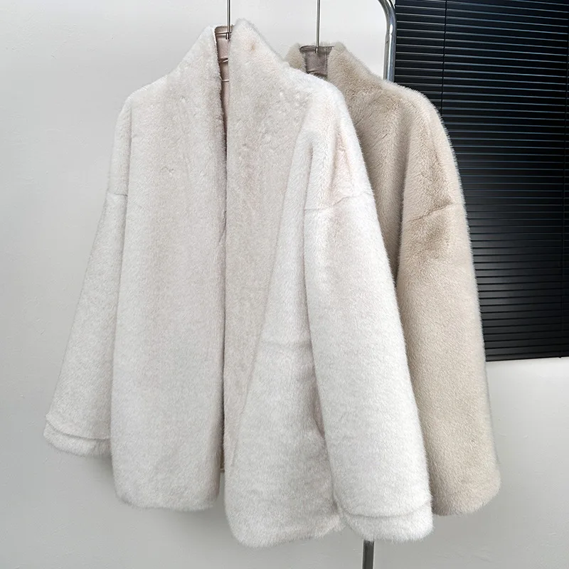 Faux Pelz Mäntel Frauen V-ausschnitt Mantel Strickjacke Jacken Solide Gespleißt Jacke Lose Streetwear Oberbekleidung Splice Dicke Warme Winter