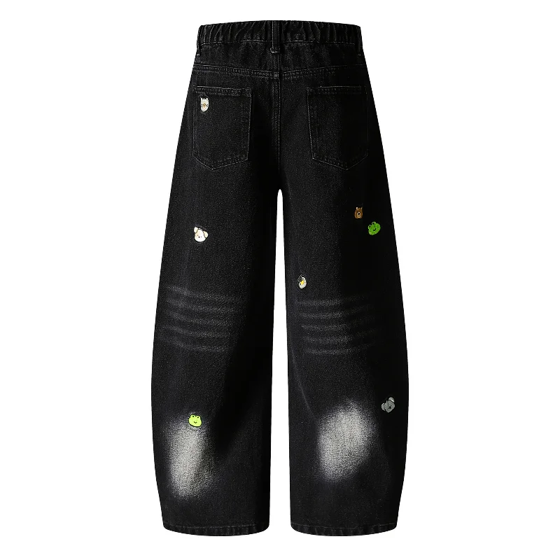 Sweet Girls Embroidery Jeans Loose Washed Denim Scimitar Trousers Women 2025 Autumn New Fun Blue Fresh Sweet Pants Fashion