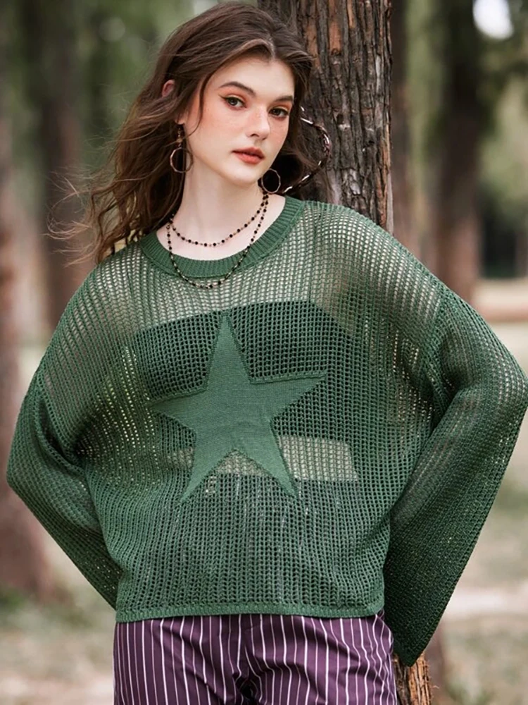 Y2K women\'s sweater Harajuku Hollow Out Knit Pullovers Crewneck Autumn Vintage star graphic Grunge Top Fashion Smock Sweater wo