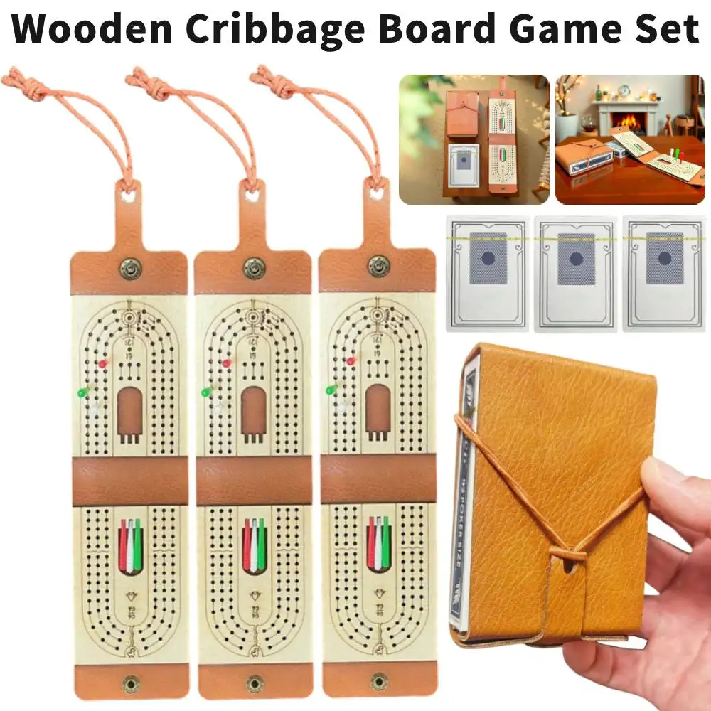 1/2/3PCS Wooden Cribbage Board Game Set with Playing Cards 6 Pegs Portable Cards Board Games Scoring Game Board for 2-4 Players