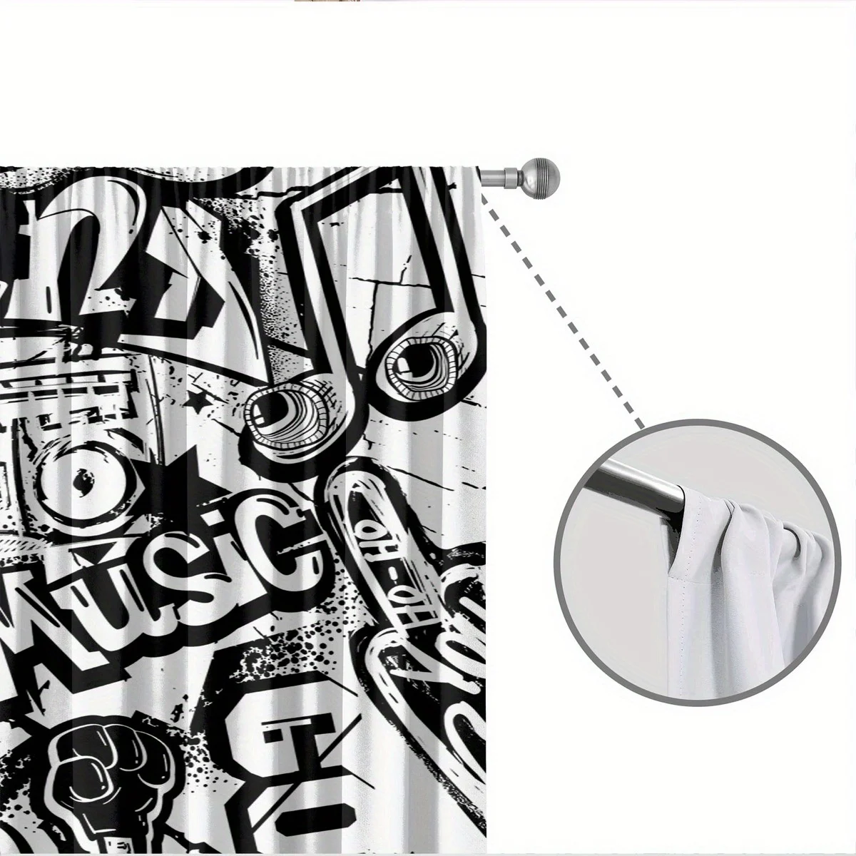 2pcs Graffiti Music Curtains Black White Guitar Boombox Print Drape Game Room Bedroom Window Treatment Urban Home Decor Panels