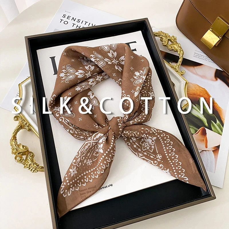 75% Cotton 25% Silk neck scarf for women summer Ethnic vintage coffee Paisley print scarf silk scarf 100% silk neckerchief
