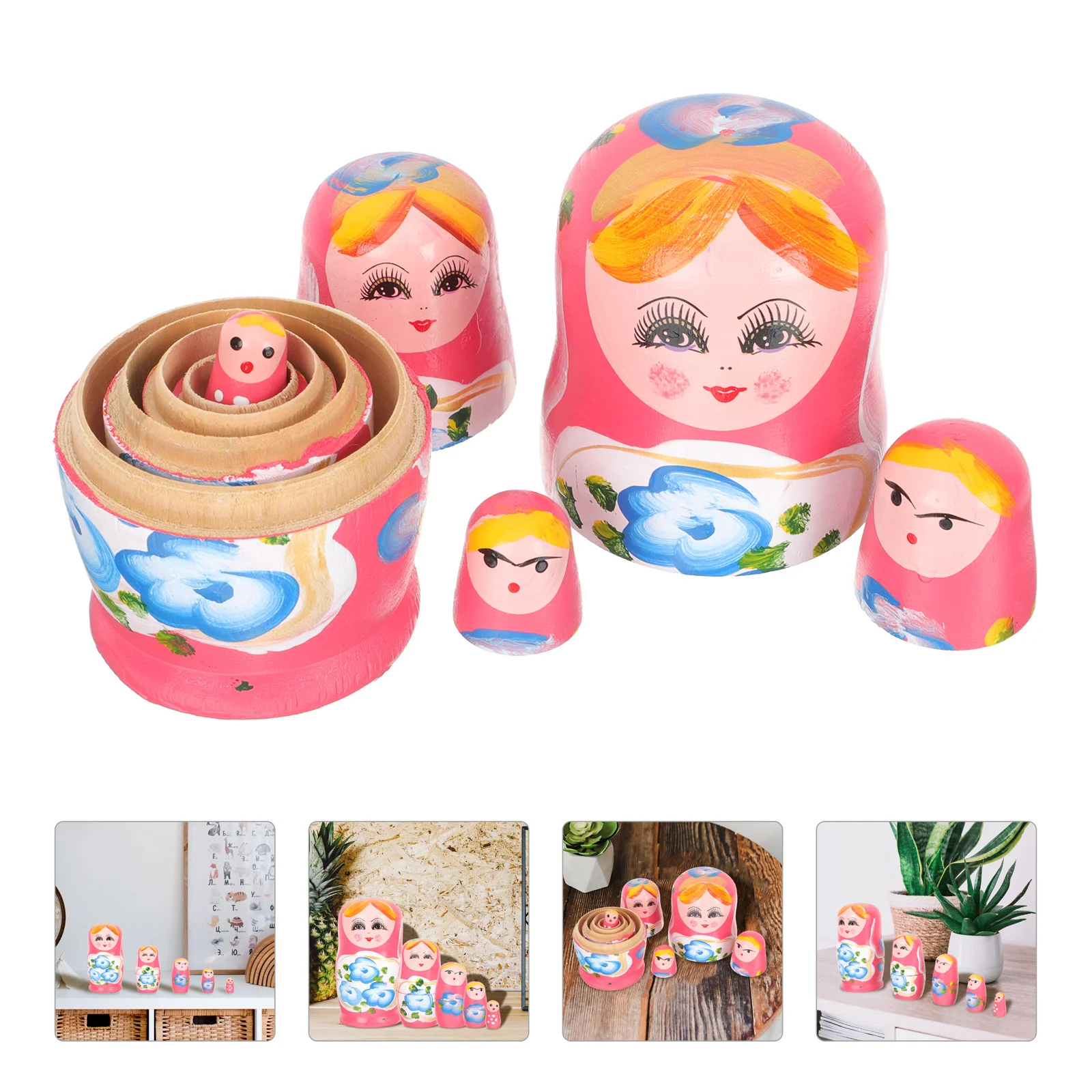 

Miniature Toys Matryoshka Nesting Dolls Decors Party Gift for Kids Vintage Wooden Russian Stacking Pink Travel