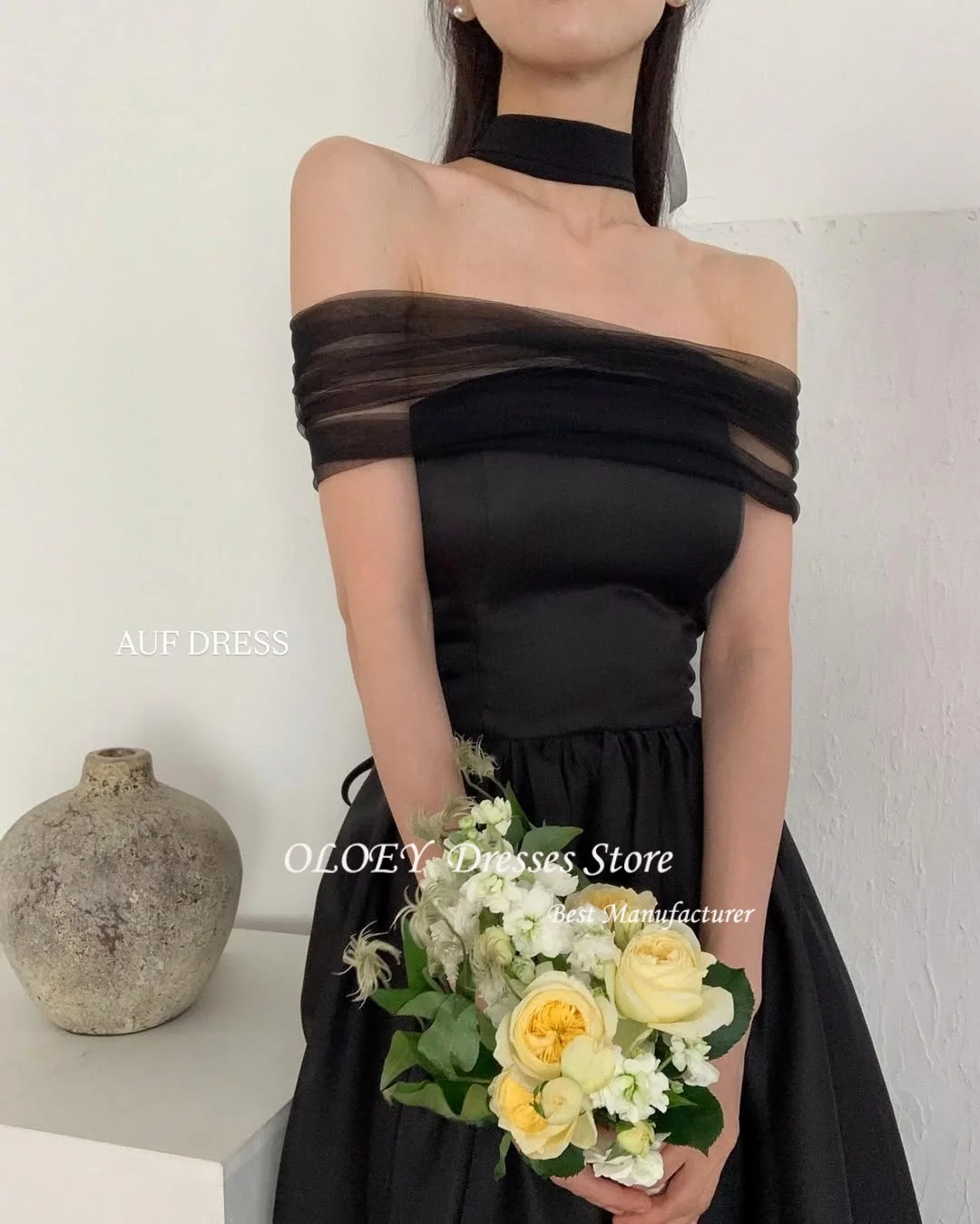 فساتين سهرة OLOEY باللون الأسود على شكل حرف A كورية لالتقاط الصور مخصصة 3 أنماط بأكمام قصيرة فساتين حفلات لحفلات الزفاف بأربطة