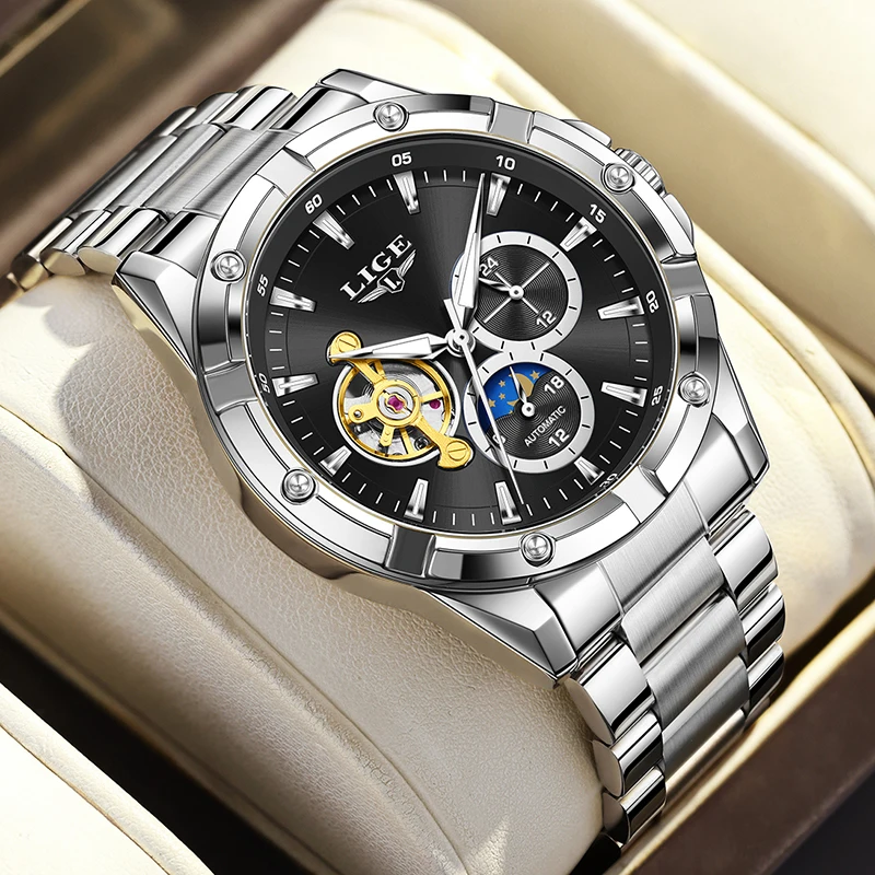 LIGE 2026 New Hollow Mechanical Watch For Men Waterproof Stainless Steel Automatic Men Watch Fashion Luminous Big Dial Watch Men