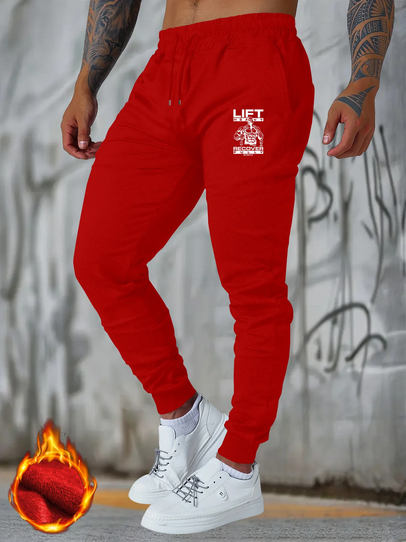 Gym‑style lift heavy muscular figure slogan graphic stylish tapered sweatpants men hip hop sports jogger trousers