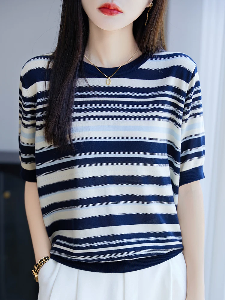 

2025 New Summer Short Sleeve O-Neck T-Shirt Lyocell Stripe T-Shirt Women's High Grade T-Shirt Fashion Comfortable T-Shirt Tops