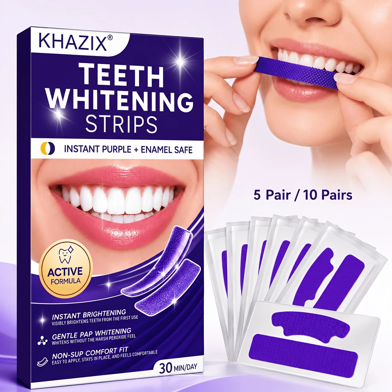 5/10pairs Purple Teeth Whitening Strips, tightly adhere to teeth, do not slide sideways, gently whiten teeth, does not harm gums
