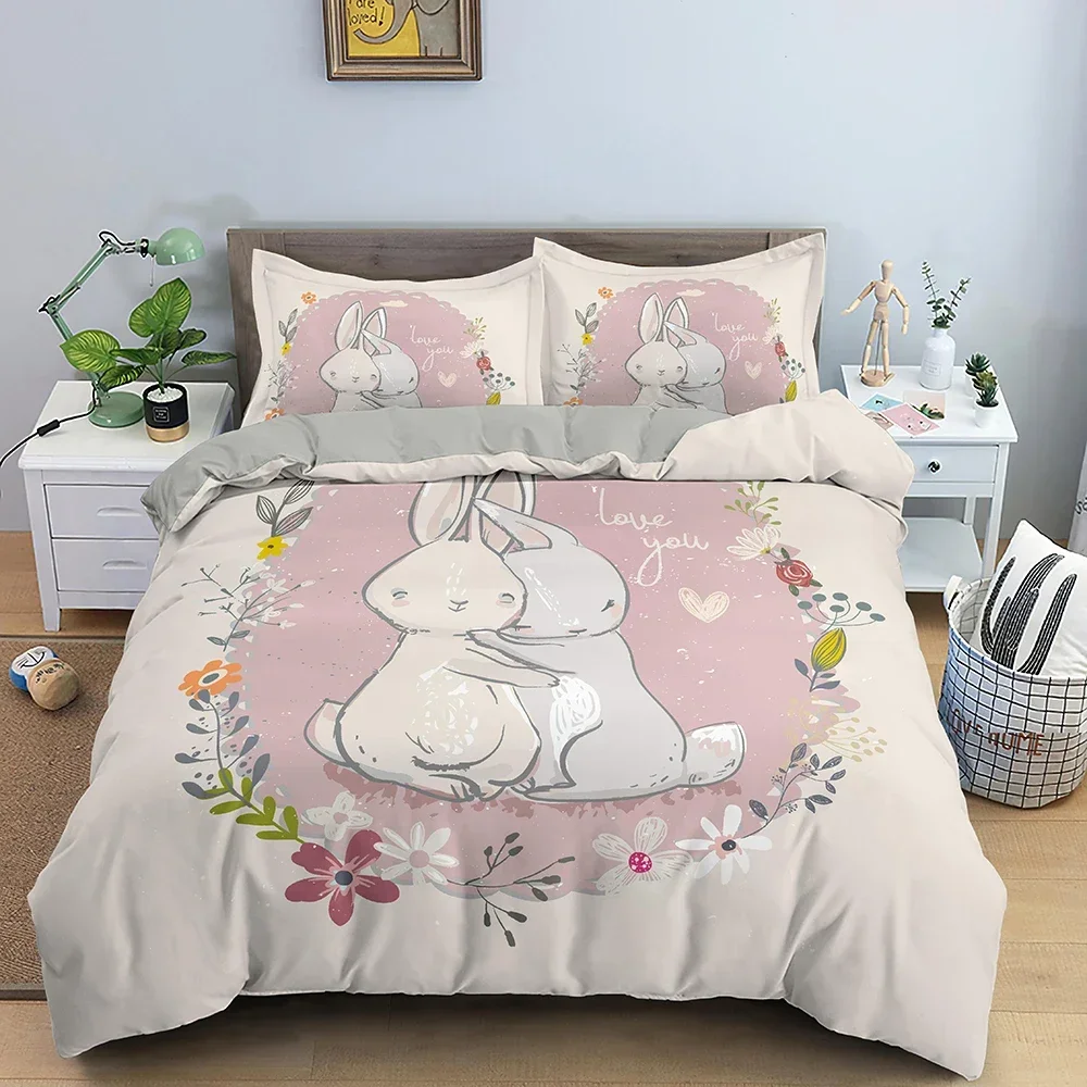 Cartoon Rabbit Bunny Bedding Set for Kids Girl Women Polyester Duvet Cover Quilt Cover with Pillowcase Polyester Comforter Cover