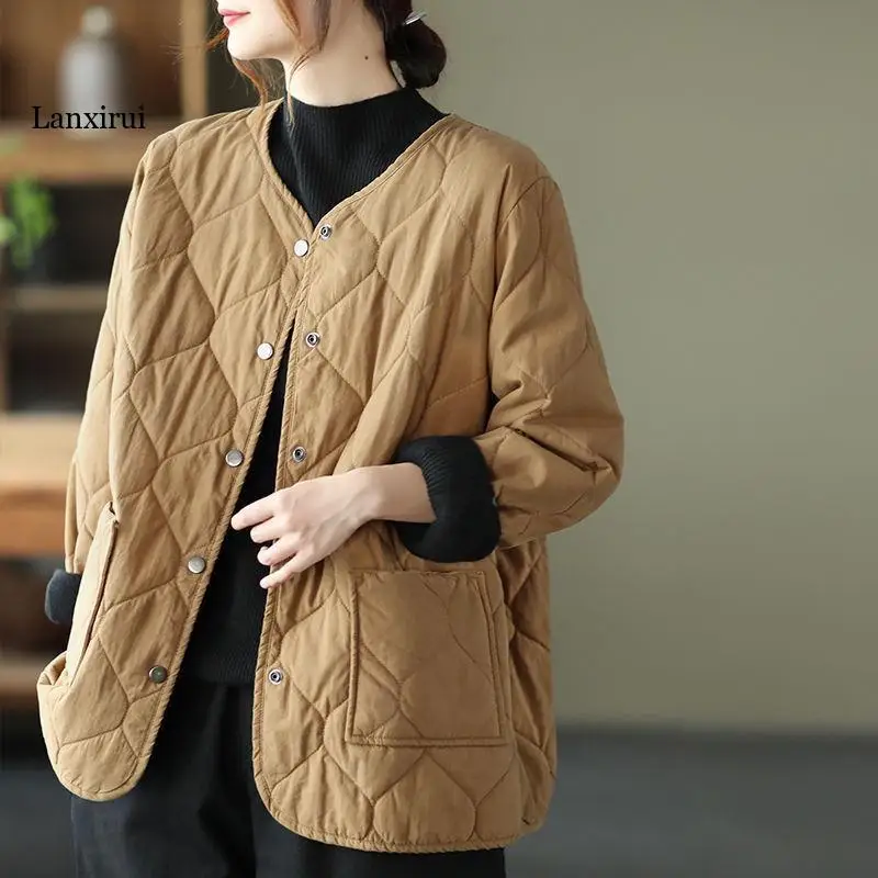 Parka acolchada Retro para mujer, chaqueta Lisa minimalista con botones a presión, abrigo acolchado fino de algodón, Parka cálida para invierno