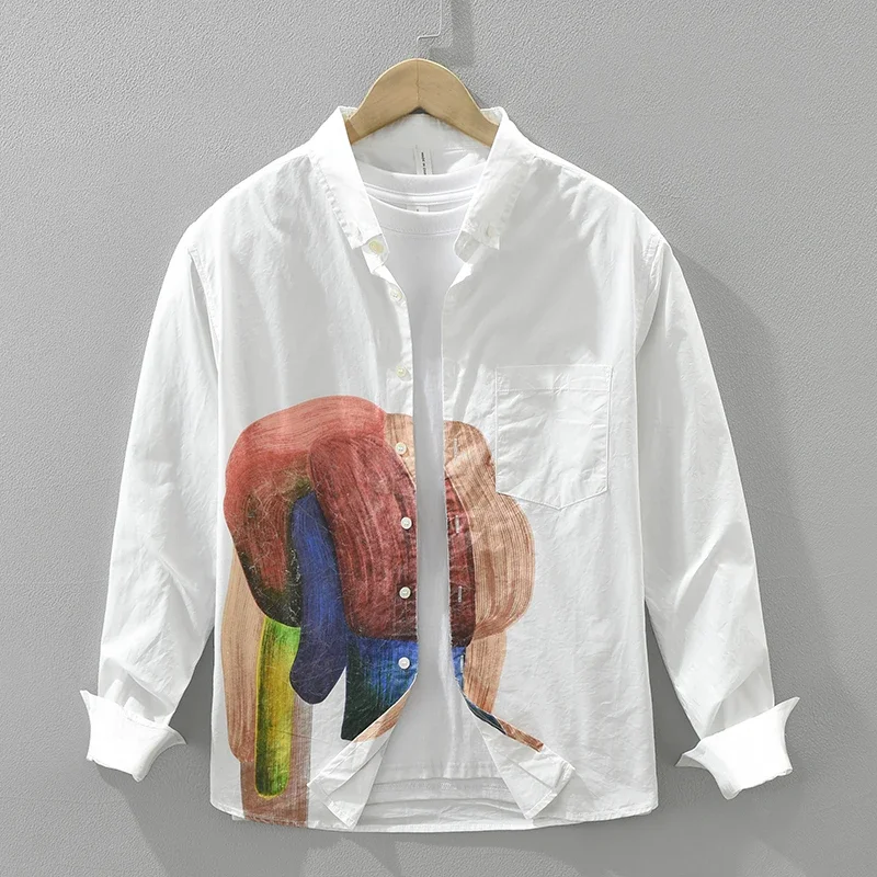 

2025 Autumn New White Print Shirt for Men Literary Loose Long Sleeve Shirts Oversize Fashion Men's Clothing