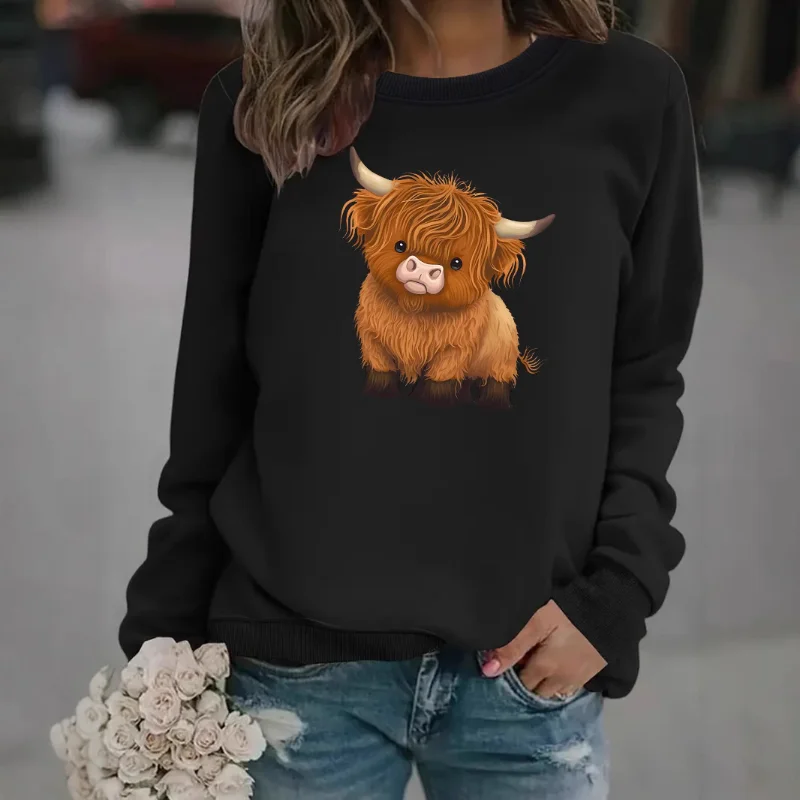 Hot-selling Fashionable and Casual Cartoon Calf Print Stylish Base Layer Round-neck Long-sleeved Sweatshirt Hoodies Women