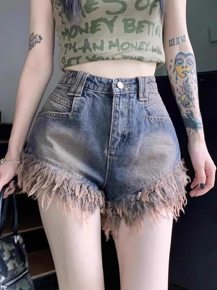 ヴィンテージ レディース デニム ショートパンツ ハイウエスト フリンジ 女性用 ショートジーンズ ホットパンツ 原宿ファッション 服 2025 ギャル ジョーツ セクシー ボールズ