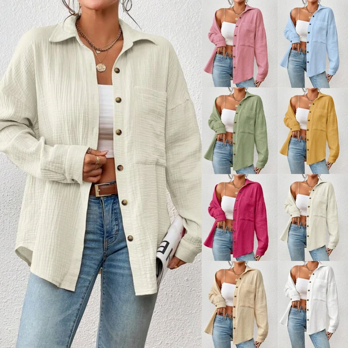

Women Blouse Cotton Solid Color Casual Blouses Drop Shoulder Oversized Fit Button-Up Shirt Light Green Pink Long Sleeve Shirt