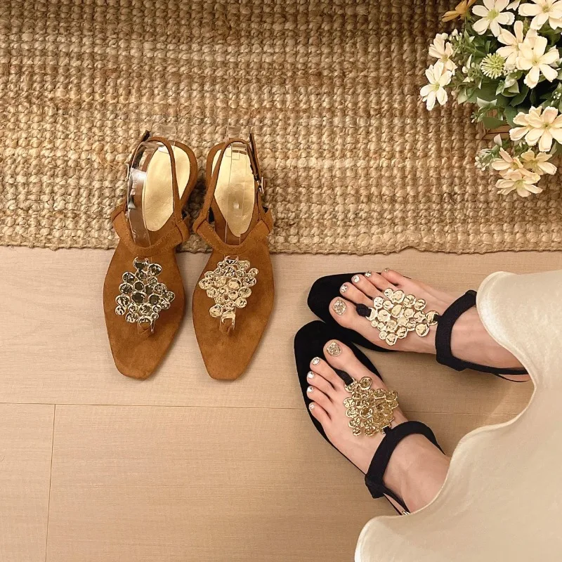 

Women 2026 New Summer Open Toe Square Toe Clip-in High Heel One Buckle Low Heel Roman Shoes Sandals