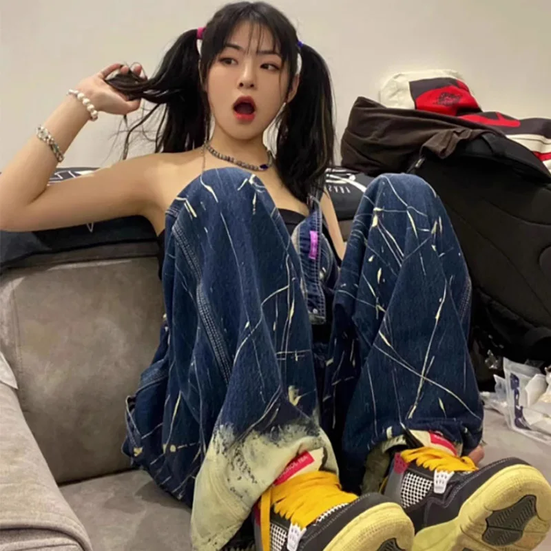 

Ele, свободные джинсы с высокой талией, женские весенне-осенние комбинезоны большого размера для похудения, прямые брюки