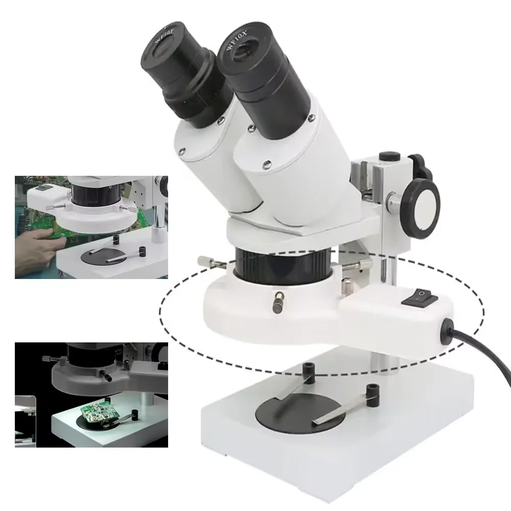 20X 40X Industrial Stereo Binocular Stereo Microscope with WF10X Eyepiece Fluorescent Ring Light Smartphone Clock Repairing