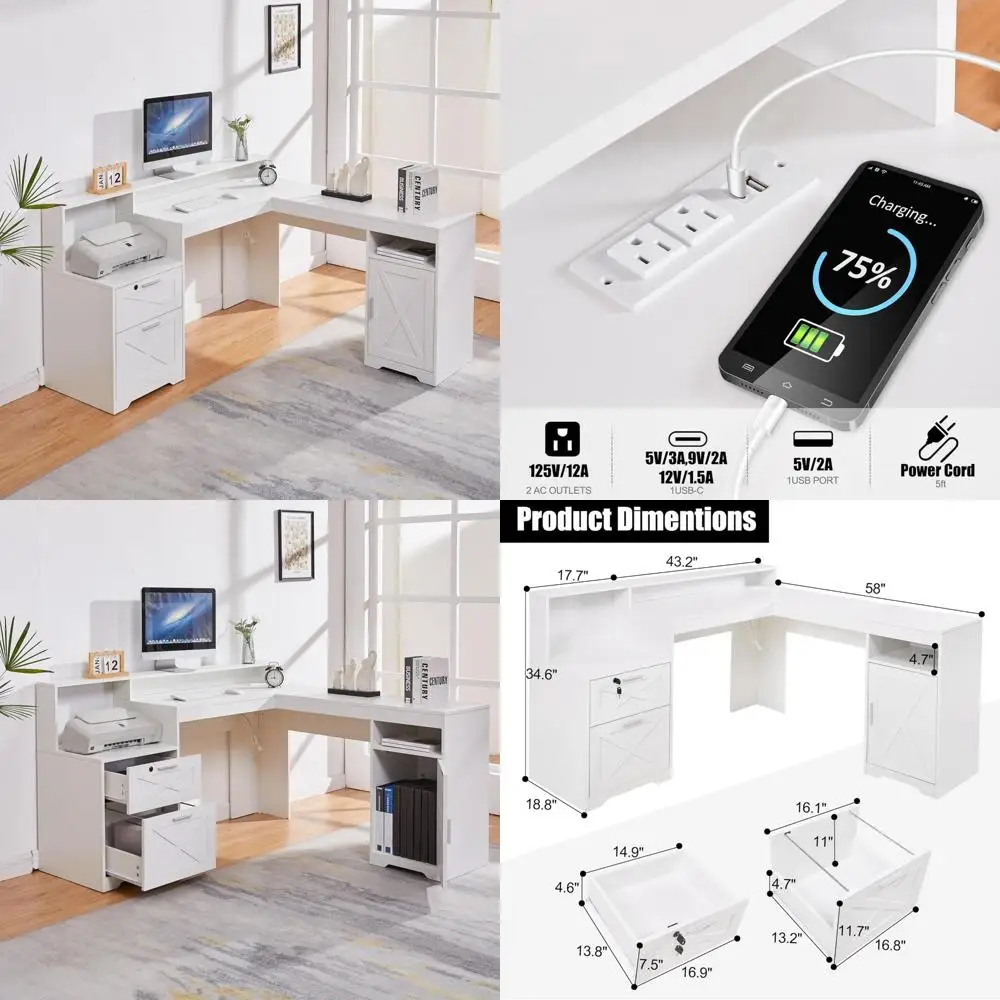 مكتب تنفيذي على شكل حرف L مقاس 60 بوصة مع مساحة تخزين للطابعة، ومكتب كمبيوتر زاوية يتميز بمنافذ طاقة وأدراج قابلة للقفل والضبط #1