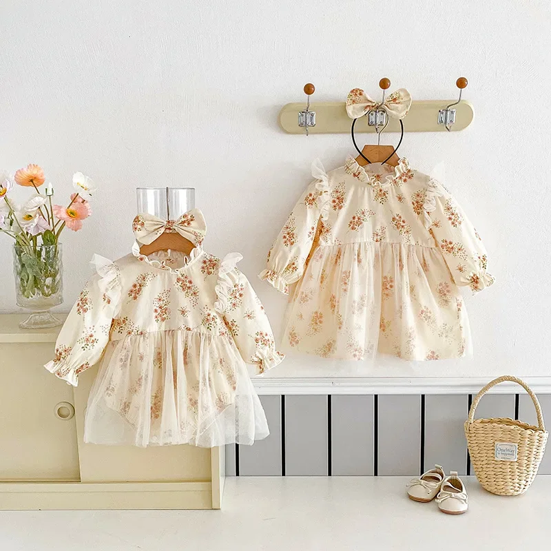 Children's Clothing, Spring and Summer, Sweet and Cute, New Style Girl Wrinkle Collar, Lace Mesh Long-sleeved Dress