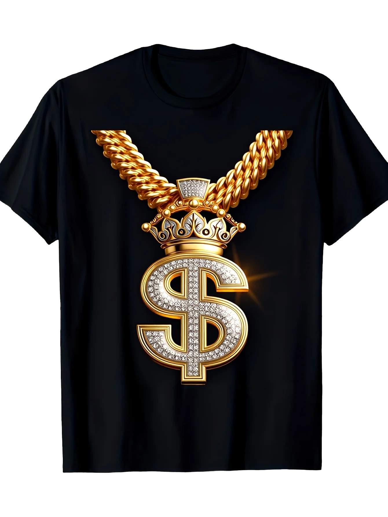 Men'S Retro Bling Dollar Sign Crown T-Shirt - Sparkling Dollar Sign And Crown Print Breathable Fabric  Streetwear Tee Suitable for Parties Clubwear And Year-Round Wear Same Style for Men And Women 2026 Summer Short-Sleeved Printed T-