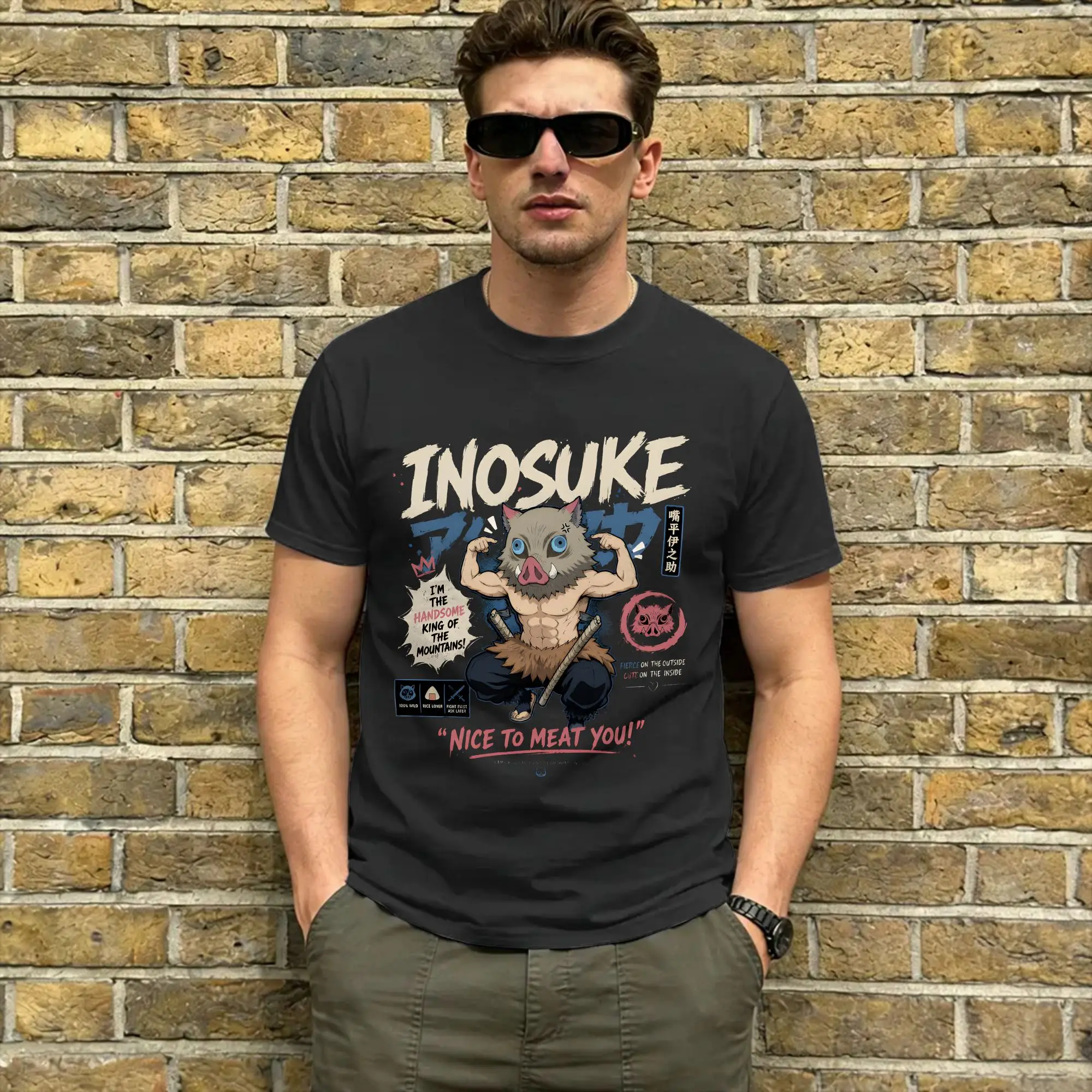 Inosuke  T-Shirt Summer Demon Slayered Cotton T-Shirts For Men Fashion Casual Tee Shirt Short-Sleeved Streetwear Clothing