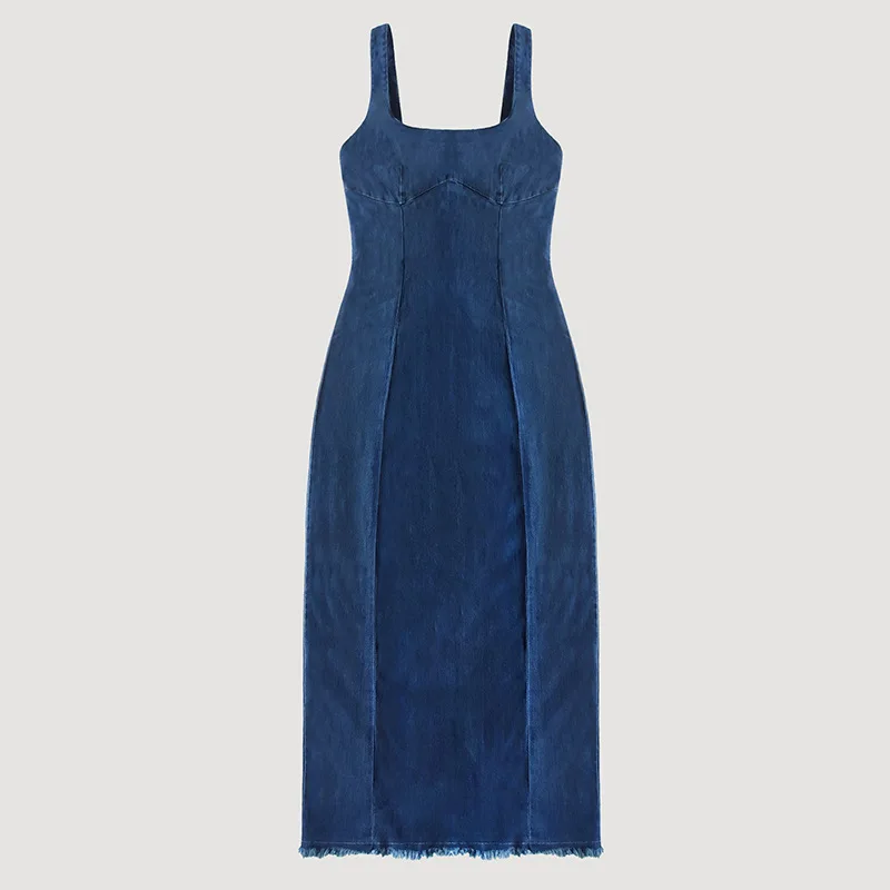 เดรสยีนส์ทรงเข้ารูปสำหรับผู้หญิง สไตล์เซ็กซี่สำหรับฤดูร้อน สีน้ำเงิน ผ้าเดนิมยืด แขนกุด ความยาวปานกลาง เอวยางยืดสูง