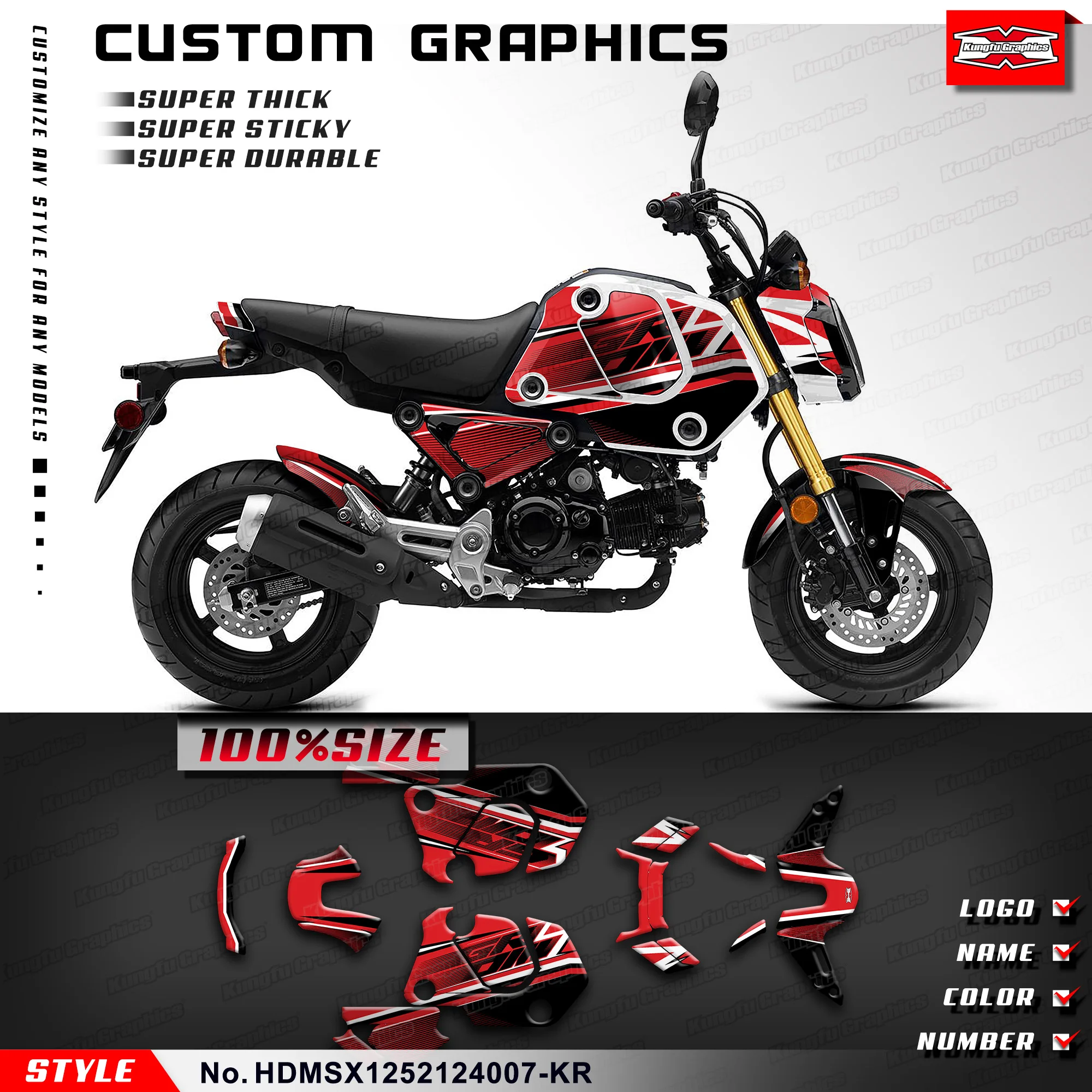 KUNGFU GRAPHICS Racing Sticker Wrapping for HONDA Grom MSX 125 2021 2022 2023 2024 Pocket Bike, Minibike,HDMSX1252124007-KR