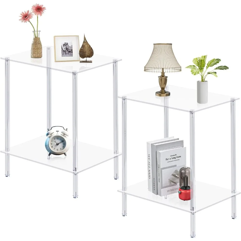 

Glass Side Tables with 2 Shelve, End Table Set of 2, Nightstands for Tight Spaces, 2-Tier Tempered Glass Bedside Table