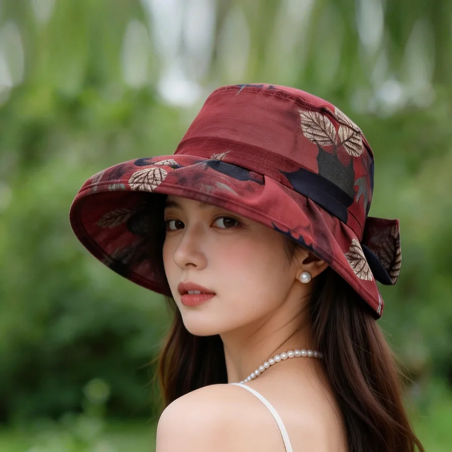 Retro Maple Leaf Print Wide-Brimmed Sun Hat, Foldable Sun Protection Bucket Hat, Suitable for Beach Vacations, Shopping, Commuting, and Other Occasions