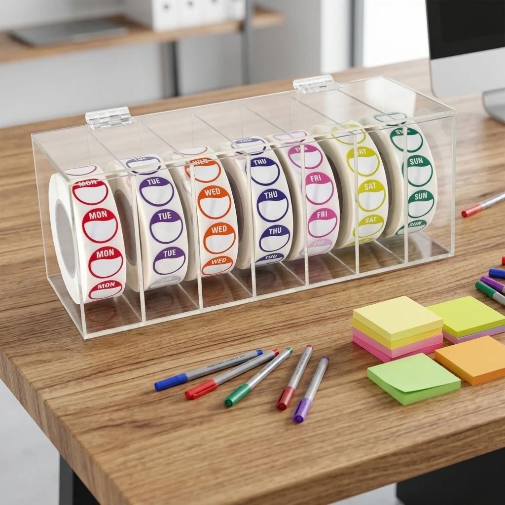 Acrylic 7-Slot Wall-Mounted Sticker Roll Label Dispenser with 1-inch and 3/4-inch Calendar Stickers (No Labels Included)