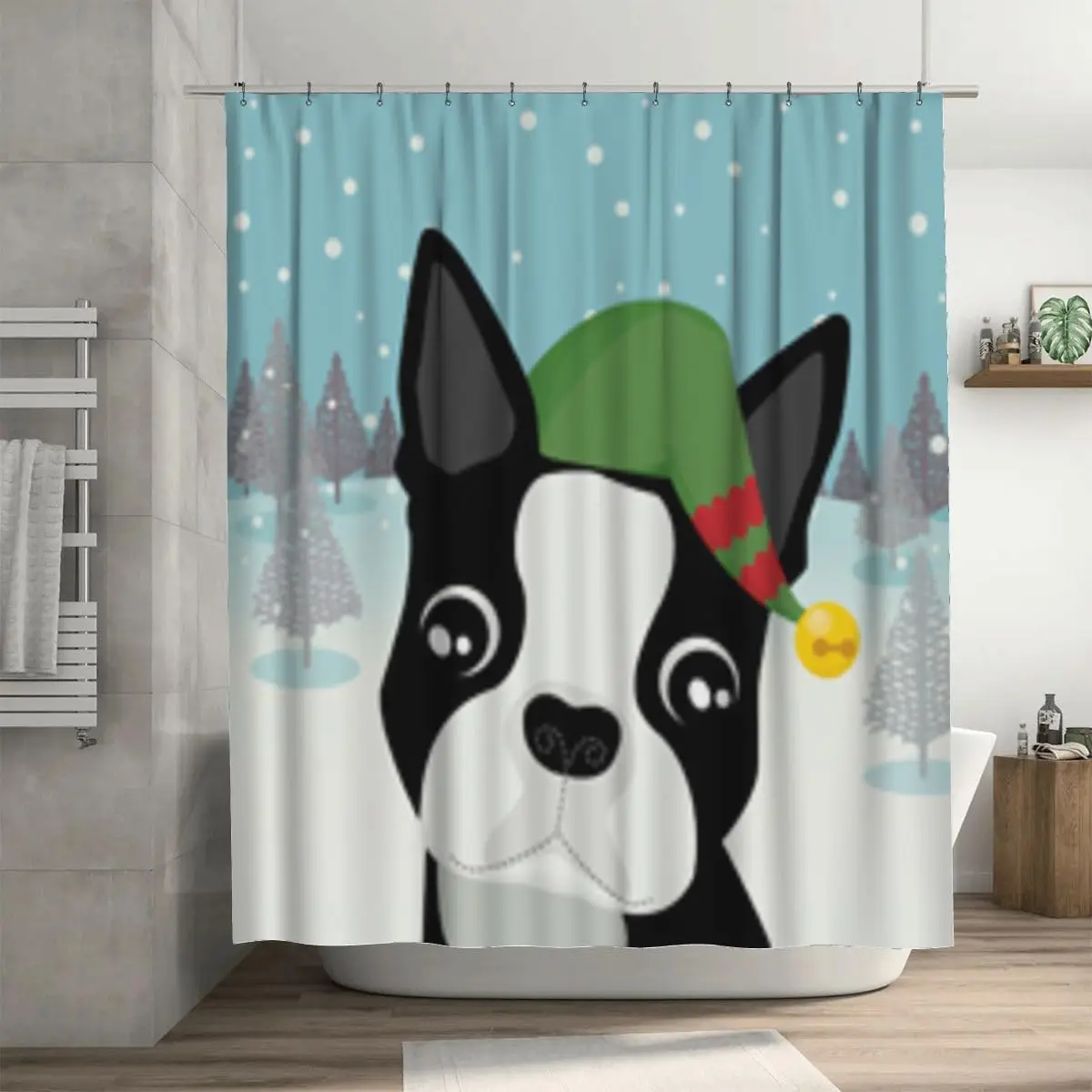 

Cute Christmas Boston Terrier Shower Curtain Set with Hooks, Waterproof Polyester Bathroom Decor for Festive Home Holiday Style