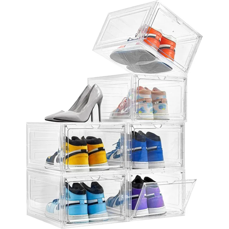 Drop Front Plastic Shoe Box with Clear Door,Set of 6,Stackable,For Display Sneakers,Easy Assembly,Fit up to US Size 12