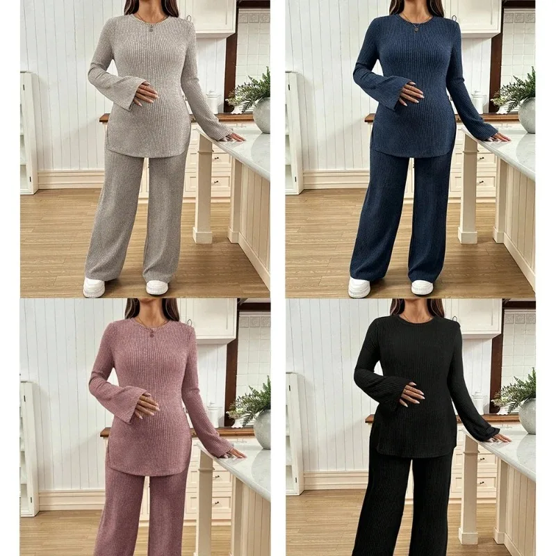 Knitted Maternity Suit Horn Long Sleeved Slit Top Wide Leg Pants Casual Home Wear Two-piece Set