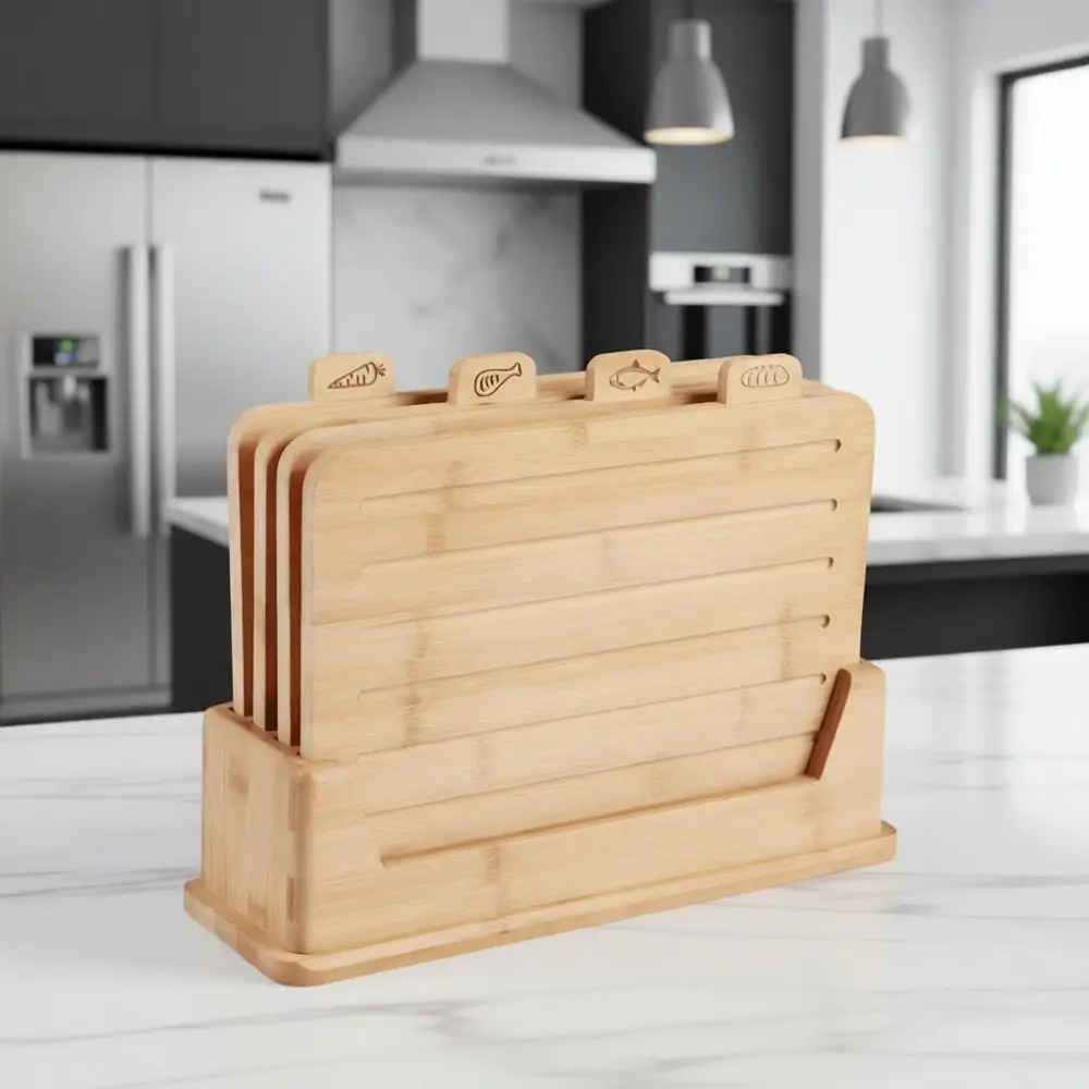 

4-Piece Bamboo Cutting Board Set with Holder - Ideal for Meat, Fish, Bread, Vegetable, and Fruit Chopping