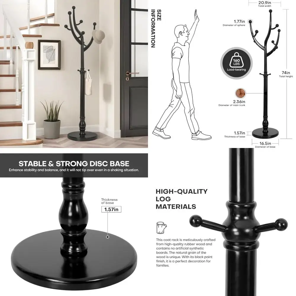sturdy freestanding tree-shaped coat rack with hooks and solid round base, 74