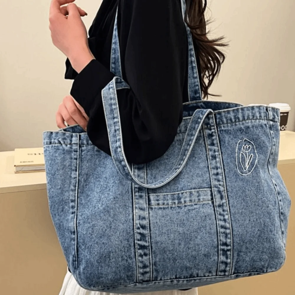 

Korean Style Denim Tote Bag Solid Color Tote Bag Large Capacity Handbag Large Capacity PU Leather Underarm Packs Office Worker