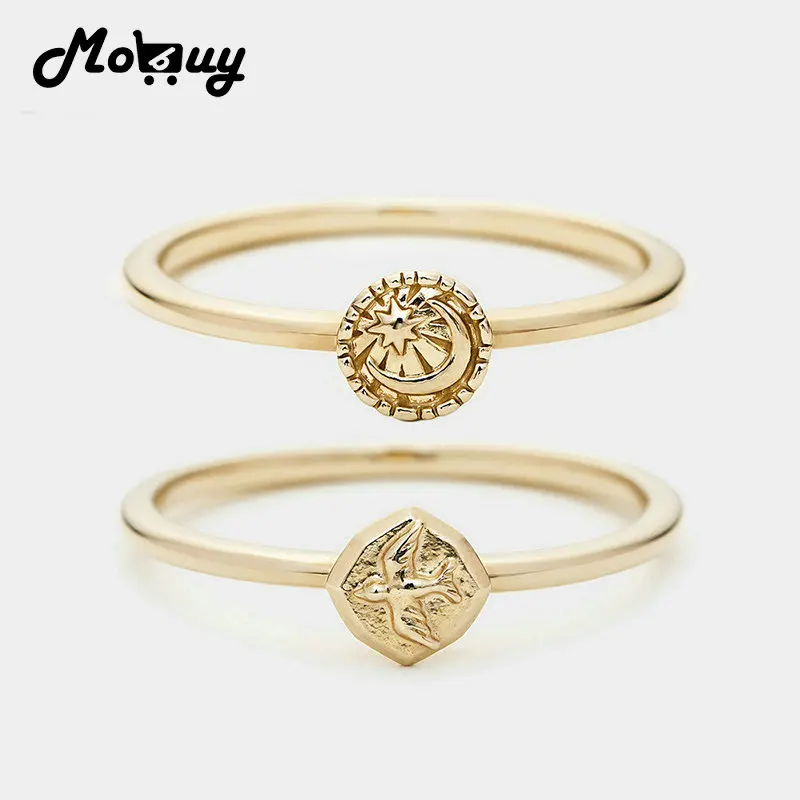 MoBuy 925 Sterling Silver Rings For Women Vintage Star Moon Dove Emblem Pinky Knuckle Ring Gold Color Fine Jewelry Accessories