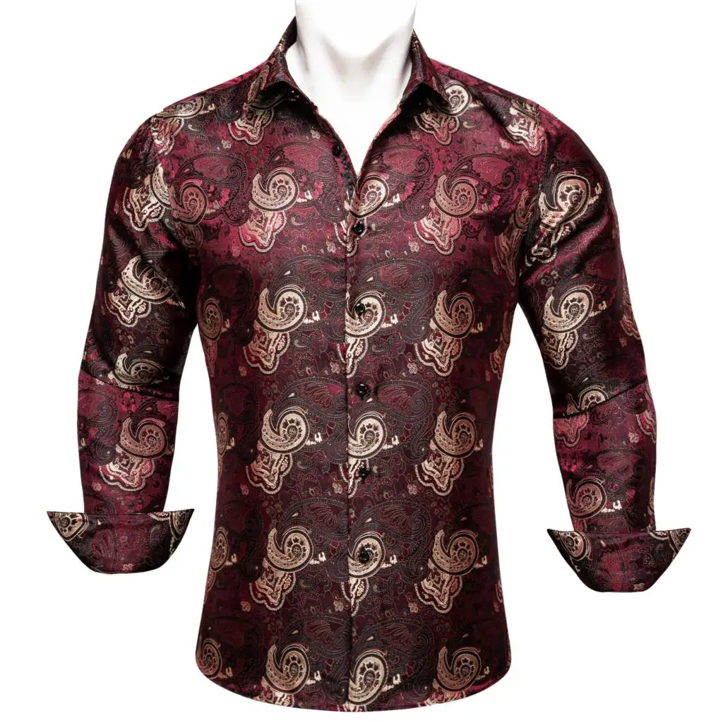 

Designer Shirts for Men Silk Long Sleeve Red Beige Paisley Embroidered Slim Fit Male Blouses Casual Tops Breathable Barry Wang