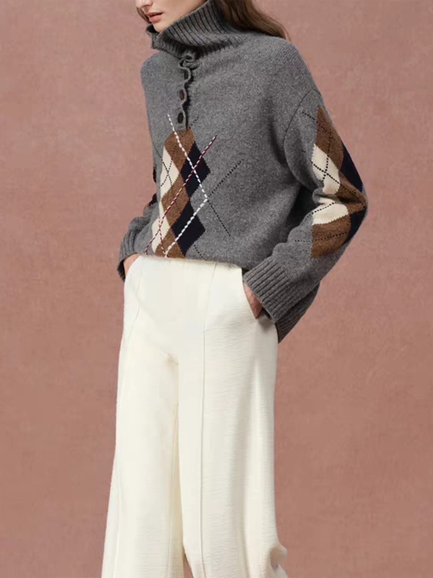 Ele Damen-Strickpullover mit besticktem Rautenmuster, College-SLE-Top, mittellang, S Sve, lange Strickwaren für Herbst und Winter