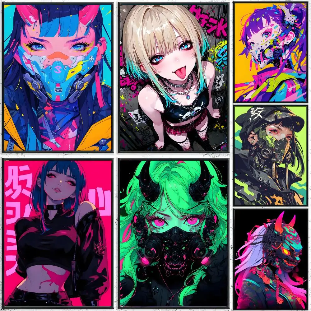 Cyberpunk colorful girl Neon Aesthetic Poster HD Waterproof Wall Decal for Study, Living Room & Garage, DIY Great Gift for Fans