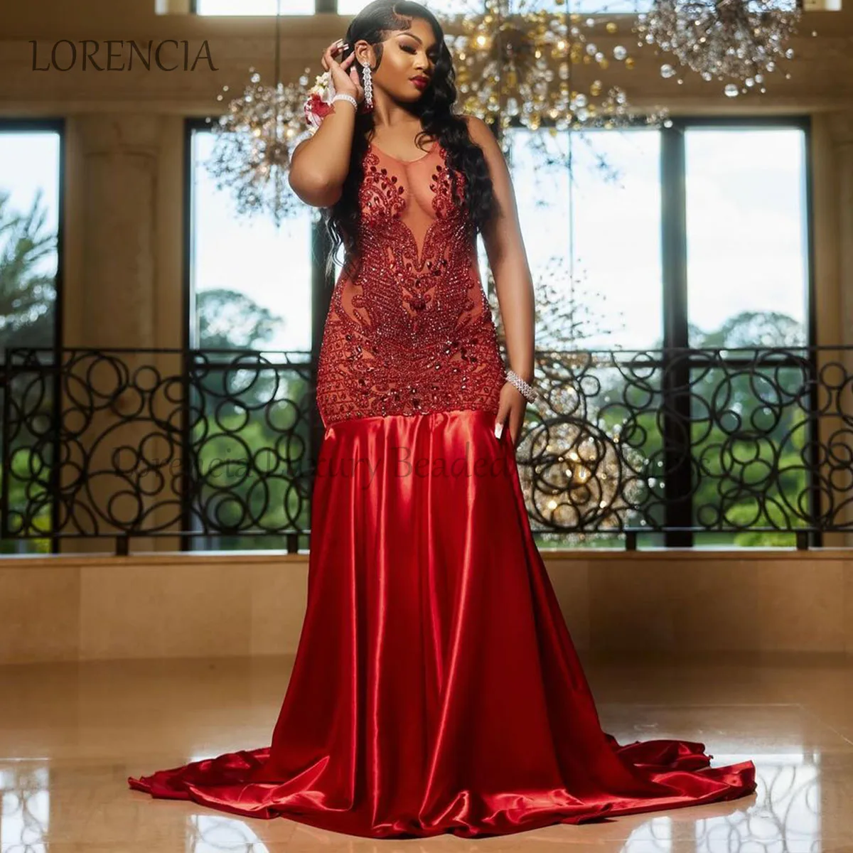 

Luxury Red Diamonds Long Prom Dress Black Girl Crystals 2024 Beads Rhinestones Party Evening Gowns Sleeveless vestidos de gala