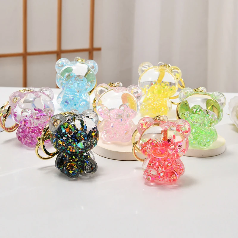 Moving Liquid Cute Little Bear Cup Acrylic Keychain Cartoon Oil Quicksand Keyring Backpack Car Key Pendant Girl Gift