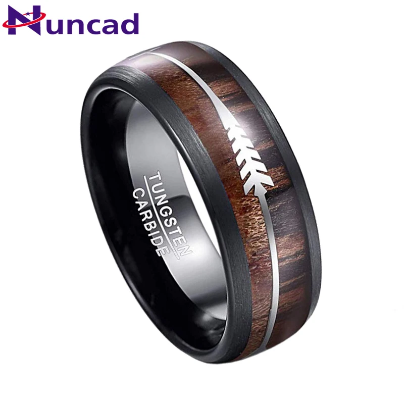 Nuncad Frosted Hawaiian Koa Wood Tungsten Carbide Rings For Men 8 MM Wide Black Walnut  Silver Arrow Dome Wedding Rings T166R