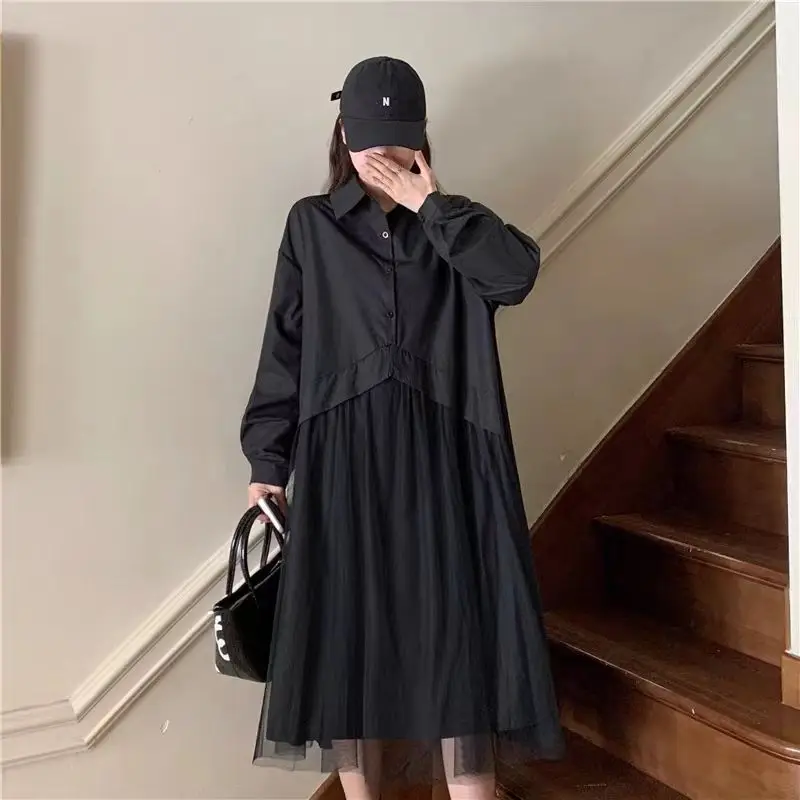 Fake Two Pieces Patchwork Gauze Dresses Female Clothing Loose Straight Spring Autumn All-match Solid Color Polo-Neck Midi Dress