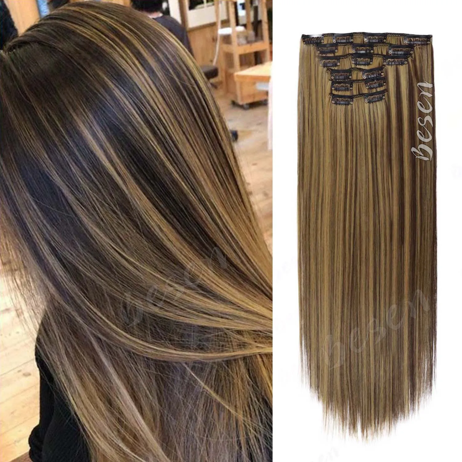 Synthetic 24Inch 16 Clips in Hair Extensions Long Straight Hairstyle Blonde Black Hairpieces Heat Resistant False Hair Daily Use